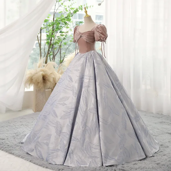 Elegant Blushing Pink Prom Dresses 2023 Ball Gown Square Neckline Short Sleeve Backless Floor-Length / Long Prom Formal Dresses
