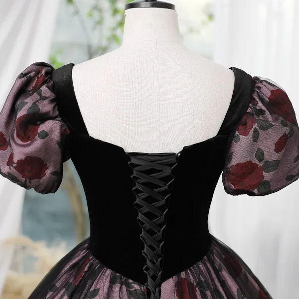 Vintage / Retro Rose Black Prom Dresses 2023 Ball Gown Square Neckline Short Sleeve Backless Floor-Length / Long Prom Formal Dresses