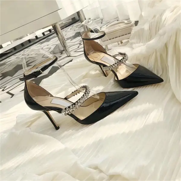 Chic / Belle Beige Vêtement de rue Sandales Femme 2020 Cuir Faux Diamant Bride Cheville 9 cm Talons Aiguilles À Bout Pointu Sandales