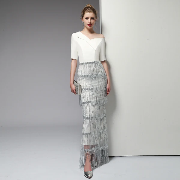 Sexy Ivory / Creme Abendkleider 2020 Meerjungfrau One-Shoulder Pailletten Perlenstickerei Quaste 1/2 Ärmel Rückenfreies Lange Festliche Kleider
