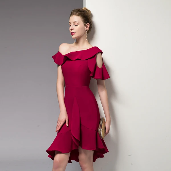 Chic / Beautiful Burgundy Graduation Dresses 2020 Homecoming Trumpet / Mermaid One-Shoulder Short Sleeve Zipper Up at Side Knee-Length Formal Dresses