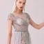 High-end Champagne Grey Evening Dresses  2020 A-Line / Princess Scoop Neck Handmade  Beading Crystal Rhinestone Short Sleeve Floor-Length / Long Formal Dresses