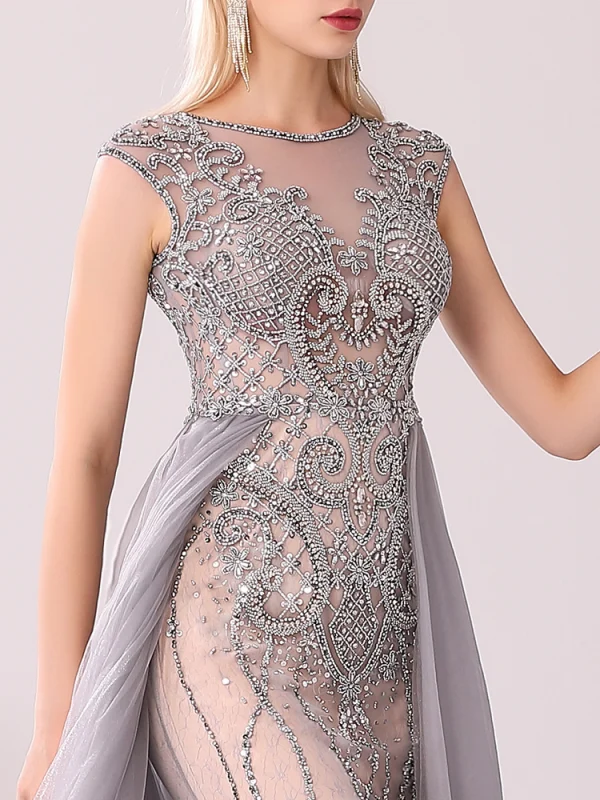 Luxury / Gorgeous Champagne Grey Handmade  Beading Evening Dresses  2020 A-Line / Princess Scoop Neck Crystal Pearl Rhinestone Sleeveless Floor-Length / Long Formal Dresses