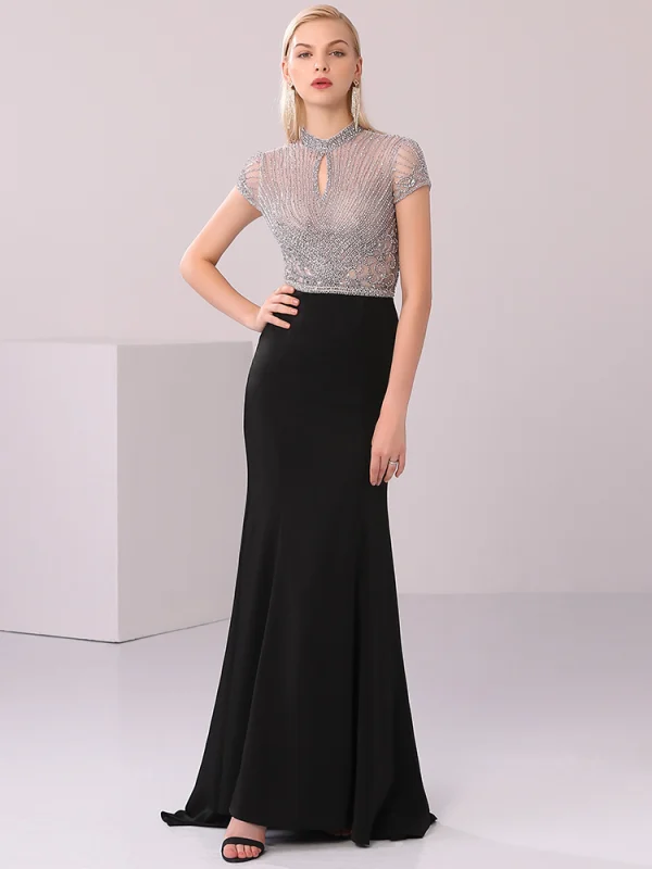 High-end Black Evening Dresses  2020 Trumpet / Mermaid Scoop Neck Handmade  Beading Crystal Rhinestone Short Sleeve Floor-Length / Long Formal Dresses