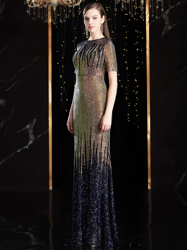 Charmant Multi-Couleurs Robe De Soirée 2020 Trompette / Sirène Encolure Dégagée Fait main Perlage Cristal Paillettes Manches Courtes Longue Robe De Ceremonie