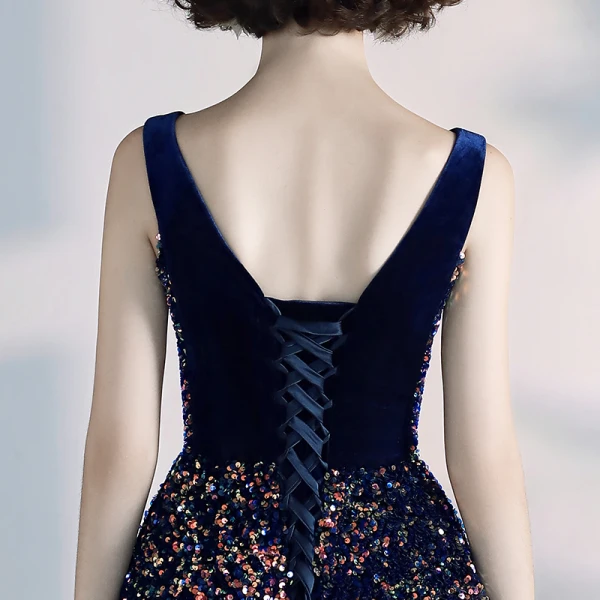 Elegant Royal Blue Prom Dresses 2020 A-Line / Princess Suede V-Neck Sequins Sleeveless Backless Floor-Length / Long Formal Dresses