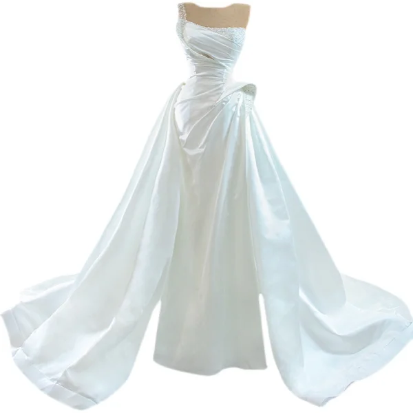 Hohes Niedriges Elegante Ivory / Creme Satin Perle Brautkleider / Hochzeitskleider 2021 A Linie Rundhalsausschnitt Perlenstickerei Pailletten Ärmellos Rückenfreies Hof-Schleppe Hochzeit