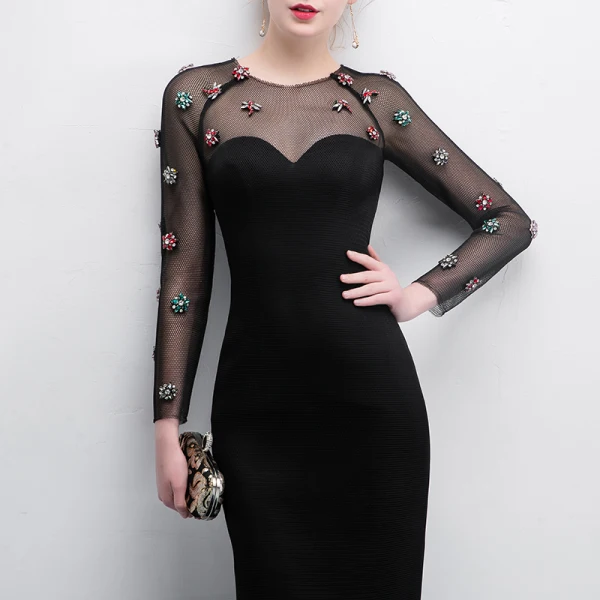Elegant Black Evening Dresses 2018 Trumpet / Mermaid Crystal Scoop Neck See-through Long Sleeve Ankle Length Formal Dresses
