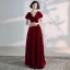 Elegantes Borgoña Vestidos de noche 2020 A-Line / Princess Cuello Alto Rebordear Rhinestone Suede Manga Corta Sin Espalda Largos Vestidos Formales