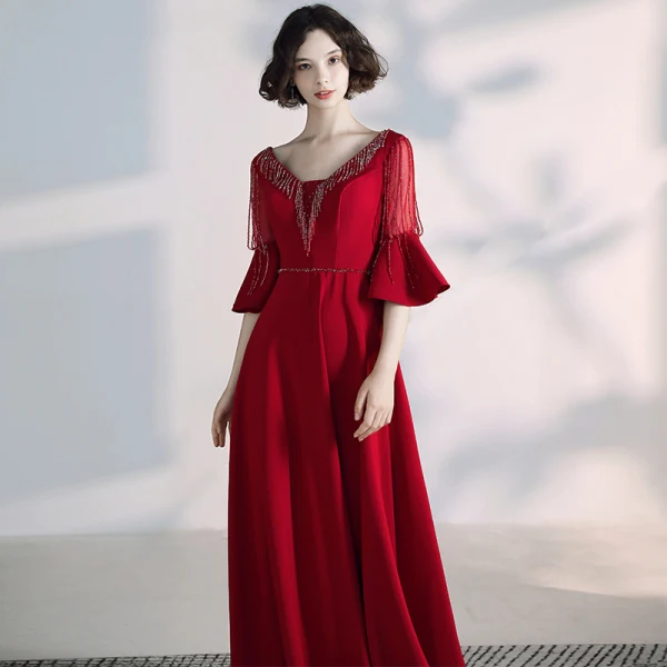 Elegant Burgundy Evening Dresses 2020 A-Line / Princess V-Neck Beading Crystal Tassel Bell sleeves Backless Floor-Length / Long Formal Dresses