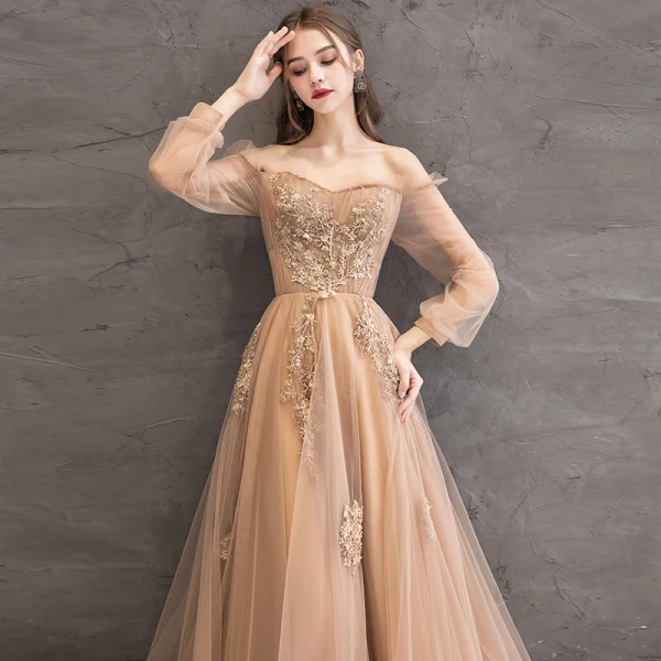Charming Gold Evening Dresses 2020 A-Line / Princess Off-The-Shoulder Beading Appliques Lace Flower Crystal Pearl Long Sleeve Backless Floor-Length / Long Formal Dresses