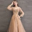 Charming Gold Evening Dresses  2020 A-Line / Princess Off-The-Shoulder Beading Appliques Lace Flower Crystal Pearl Long Sleeve Backless Floor-Length / Long Formal Dresses