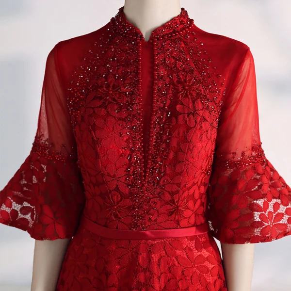 Elegant Kinesisk Stil Bourgogne Selskabskjoler 2020 Prinsesse Høj Hals Beading Perle Krystal Med Blonder Bell ærmer Halterneck Lange Kjoler