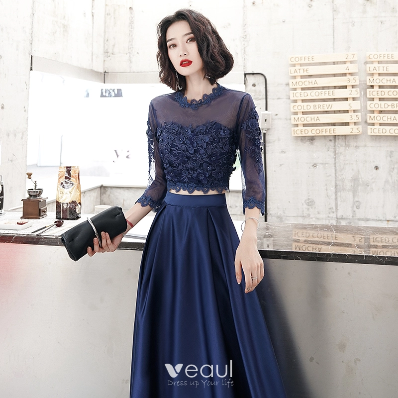 Elegant 2 Piece Navy Blue Evening Dresses 2020 A-Line / Princess Scoop Neck  Pearl Lace Flower