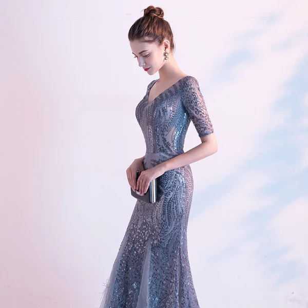 Charmant Gris Robe De Soirée 2020 Trompette / Sirène V-Cou Paillettes 1/2 Manches Dos Nu Longue Robe De Ceremonie