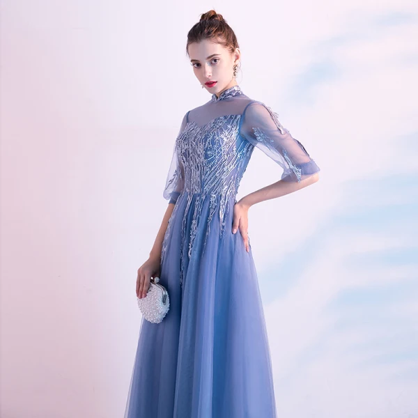 Chic / Beautiful Ocean Blue Evening Dresses 2020 A-Line / Princess High Neck Rhinestone Lace Flower 1/2 Sleeves Backless Floor-Length / Long Formal Dresses