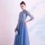 Chic / Beautiful Ocean Blue Evening Dresses  2020 A-Line / Princess High Neck Rhinestone Lace Flower 1/2 Sleeves Backless Floor-Length / Long Formal Dresses