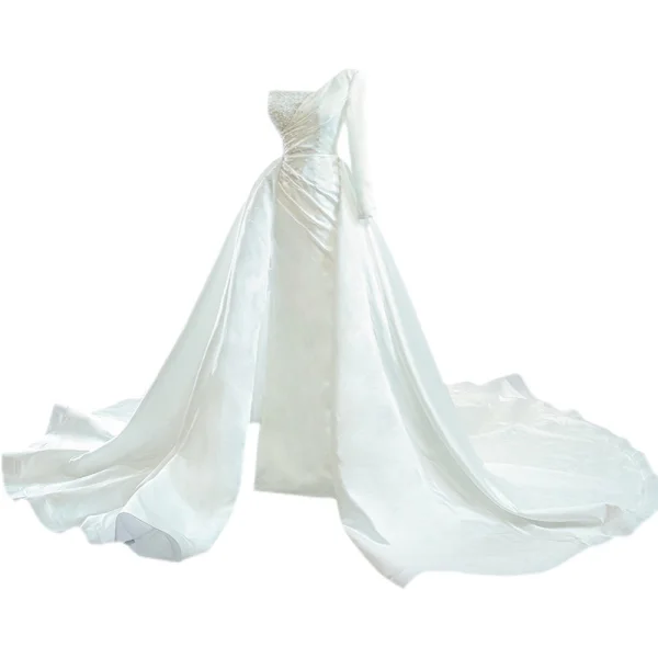 High End Elegante Ivory / Creme Satin Brautkleider / Hochzeitskleider 2021 A Linie One-Shoulder Perlenstickerei Perle Pailletten Lange Ärmel Rückenfreies Kathedrale Schleppe Hochzeit