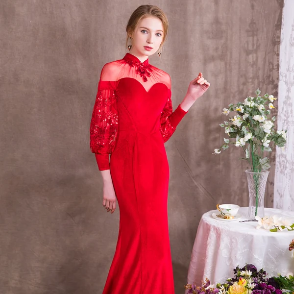 Modern / Fashion Chinese style Red Evening Dresses 2018 Trumpet / Mermaid Sequins High Neck Long Sleeve Sweep Train Formal Dresses