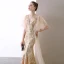 Charmant Champagne Robe De Soirée 2020 Trompette / Sirène V-Cou En Dentelle Faux Diamant Manches Courtes Dos Nu Train De Balayage Robe De Ceremonie