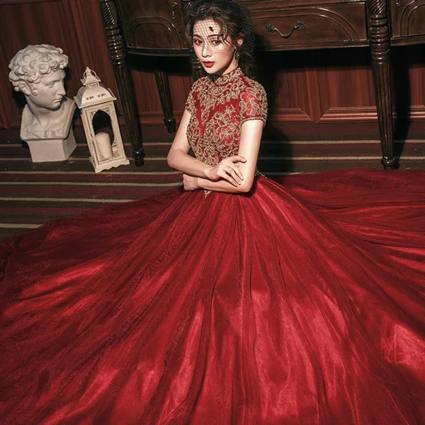 Vintage Retro Burgundy Prom Dresses 2020 A-Line Princess High Neck Gold Lace Short Long Vintage Retro Burgundy Prom Dresses 2020 A-Line Princess High Neck Gold Lace Short Long