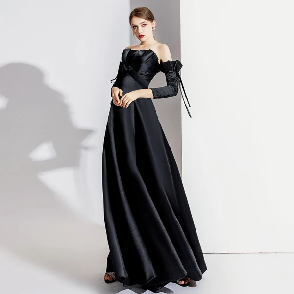 Elegant Black Evening Dresses 2020 A-Line / Princess Off-The-Shoulder Bow 3/4 Sleeve Backless Floor-Length / Long Formal Dresses