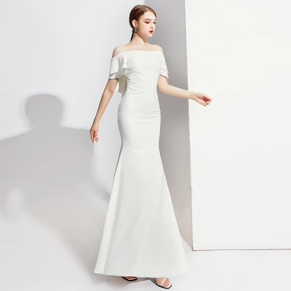 Elegante Ivory / Creme Abendkleider 2020 Meerjungfrau Spaghettiträger Kurze Ärmel Rückenfreies Lange Festliche Kleider