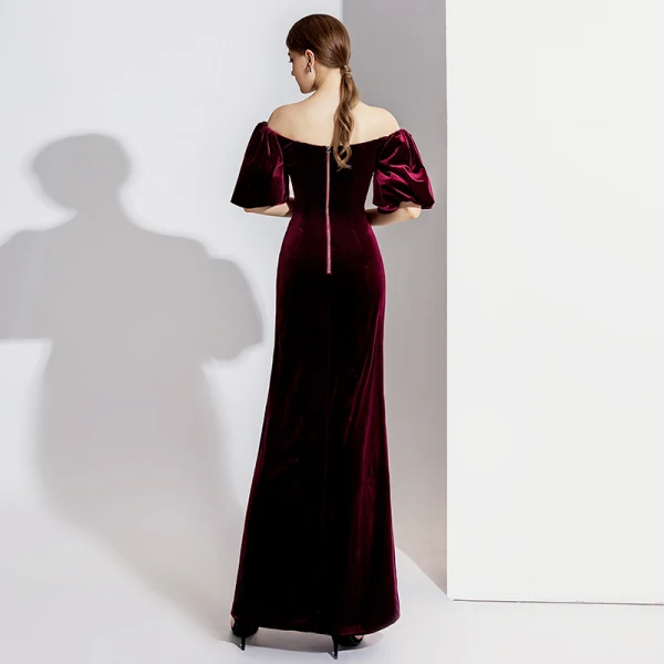 Elegant Burgundy Evening Dresses  2020 Trumpet / Mermaid Suede Off-The-Shoulder Short Sleeve Split Front Floor-Length / Long Formal Dresses