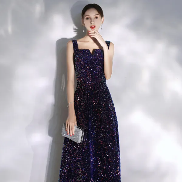 Sparkly Purple Starry Sky Evening Dresses  2020 A-Line / Princess Square Neckline Beading Sequins Sleeveless Backless Floor-Length / Long Formal Dresses