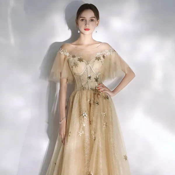 Modern / Fashion Champagne Evening Dresses  2020 A-Line / Princess Scoop Neck Star Lace Sequins Short Sleeve Backless Floor-Length / Long Formal Dresses