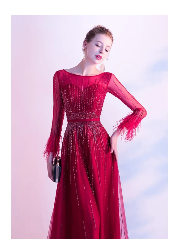 High-end Red Evening Dresses  2020 A-Line / Princess Scoop Neck Beading Crystal Sequins Sash Long Sleeve Floor-Length / Long Formal Dresses