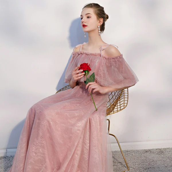 Chic / Beautiful Casual Pearl Pink Evening Dresses 2018 A-Line / Princess Spaghetti Straps Backless Short Sleeve Floor-Length / Long Formal Dresses