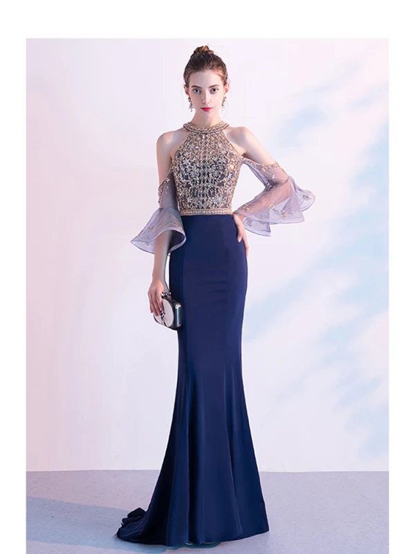Haut de Gamme Bleu Marine Robe De Soirée 2020 Trompette / Sirène Encolure Dégagée Perlage Cristal Paillettes Manches Courtes Train De Balayage Robe De Ceremonie