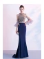 Haut de Gamme Bleu Marine Robe De Soirée 2020 Trompette / Sirène Encolure Dégagée Perlage Cristal Paillettes Manches Courtes Train De Balayage Robe De Ceremonie
