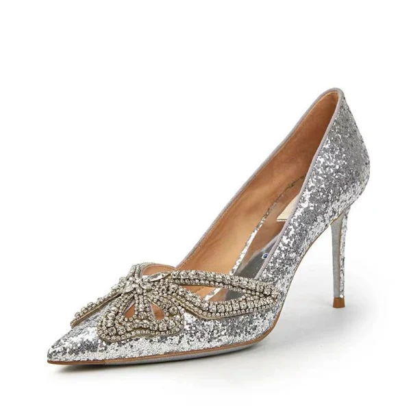 Glittrande Silver Brudskor 2019 Bröllop Läder Rhinestone Fjäril Paljetter 8 cm Stilettklackar Spetsiga Pumps