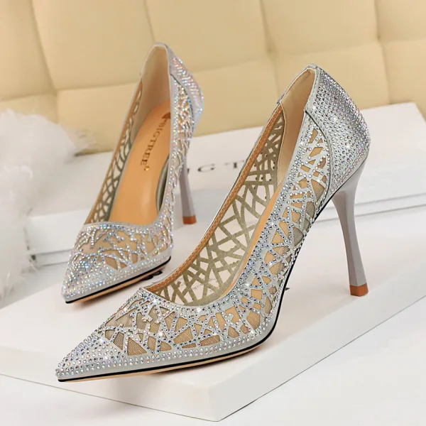 Charmant Doré Soirée Escarpins 2019 Faux Diamant 9 cm Talons Aiguilles À Bout Pointu Escarpins