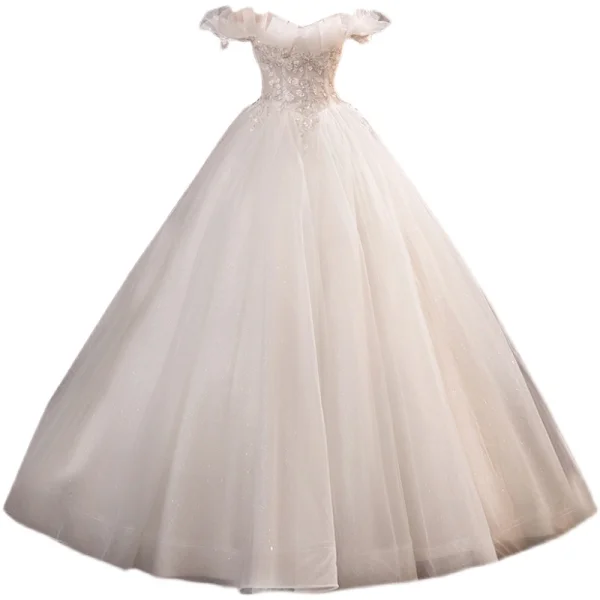 Affordable Ivory Wedding Dresses 2021 Ball Gown Off-The-Shoulder Beading Sequins Sleeveless Backless Floor-Length / Long Wedding