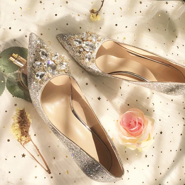 Glitter Zilveren Huwelijk Bruidsmeisjes Pumps 2019 Rhinestone Pailletten 8 cm Naaldhakken / Stiletto Spitse Neus Bruidsschoenen