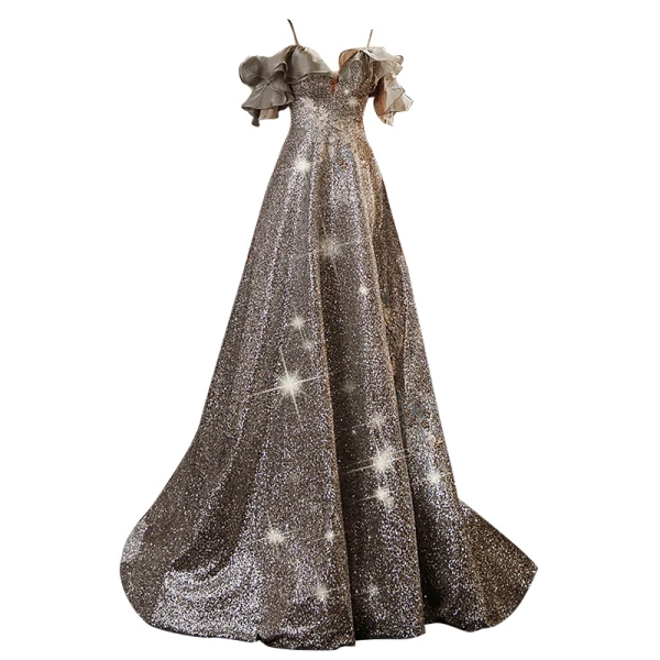 Glitzernden Silber Glanz Pailletten Ballkleider 2021 A Linie Spaghettiträger Spitze Blumen Kurze Ärmel Rückenfreies Sweep / Pinsel Zug Festliche Kleider
