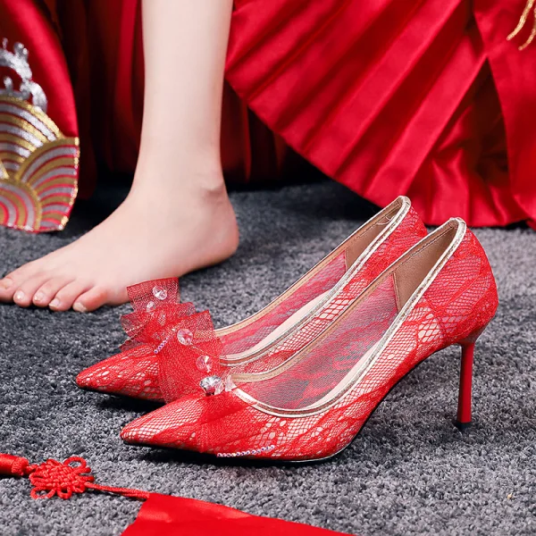 Eleganckie Białe Ślub Na Wesele Czółenka 2020 Kokarda Z Koronki Rhinestone 8 cm Szpilki Szpiczaste Buty Ślubne
