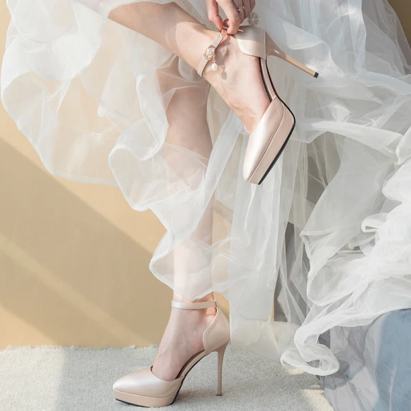 Modern / Fashion Champagne Wedding Shoes 2020 Ankle Strap 11 cm Stiletto Heels Pointed Toe Wedding Heels