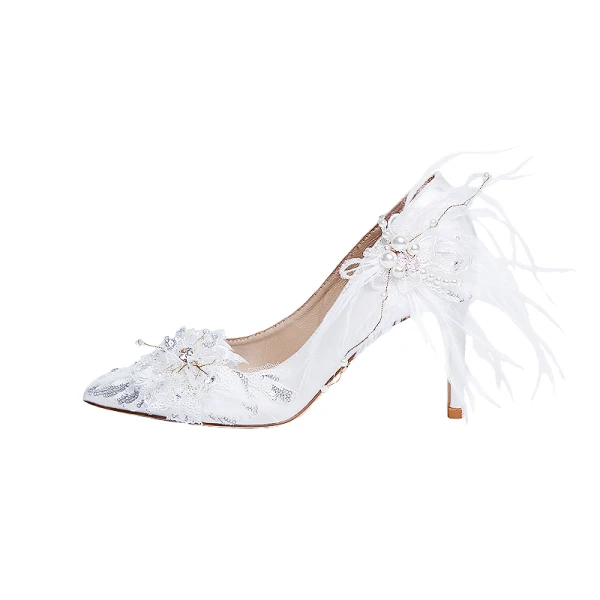Modern / Fashion White Wedding Shoes 2020 Satin Leather Feather Pearl Sequins 9 cm Stiletto Heels Pointed Toe Wedding Pumps