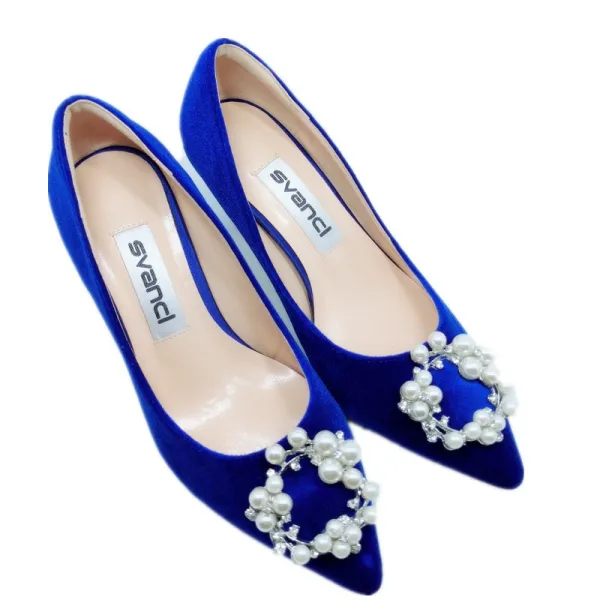 Chic / Beautiful Royal Blue Bridesmaid Pumps 2020 Suede Rhinestone Pearl 9 cm Stiletto Heels Pointed Toe Pumps