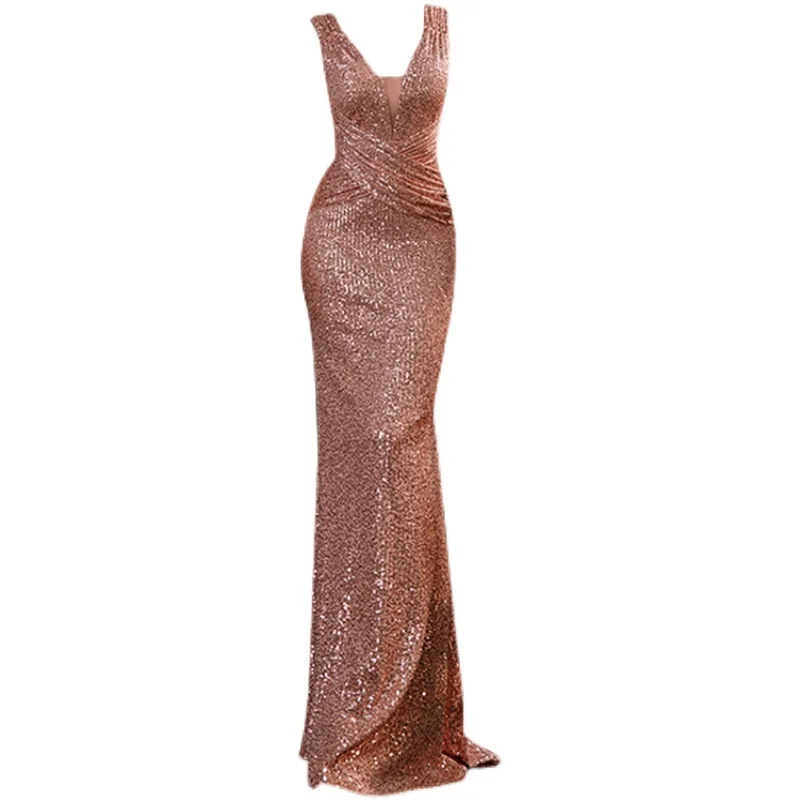 sachin and babi light blue dress GACVGA Glitter Deep V Neck Sexy Maxi Dress For Women Autumn Elegant Sparkle  Slit Ruched Bodycon Club Party Long Evening Dress main image 1