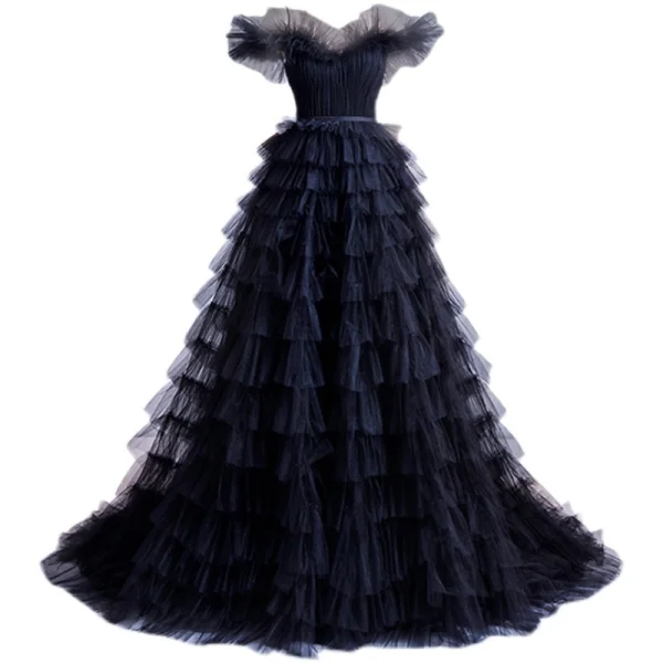 Chic / Beautiful Black Ruffle Prom Dresses 2021 A-Line / Princess Spaghetti Straps Short Sleeve Backless Sweep Train Formal Dresses