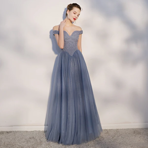 Chic / Beautiful Ocean Blue Prom Dresses 2018 A-Line / Princess Backless Beading Crystal Off-The-Shoulder Sleeveless Floor-Length / Long Formal Dresses