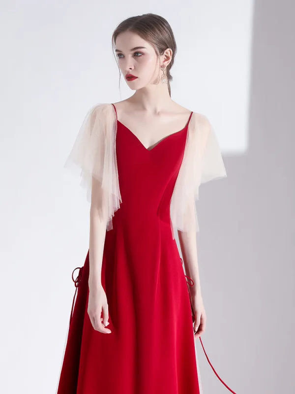 Elegant Burgundy Evening Dresses  2020 A-Line / Princess Satin V-Neck Short Sleeve Backless Floor-Length / Long Formal Dresses