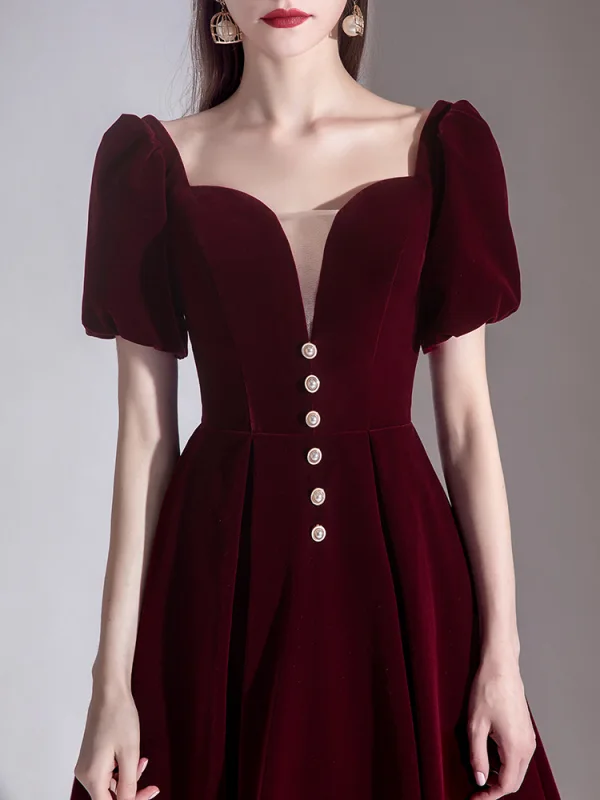 Elegant Burgundy Evening Dresses  2020 A-Line / Princess Suede Square Neckline Short Sleeve Backless Tea-length Formal Dresses