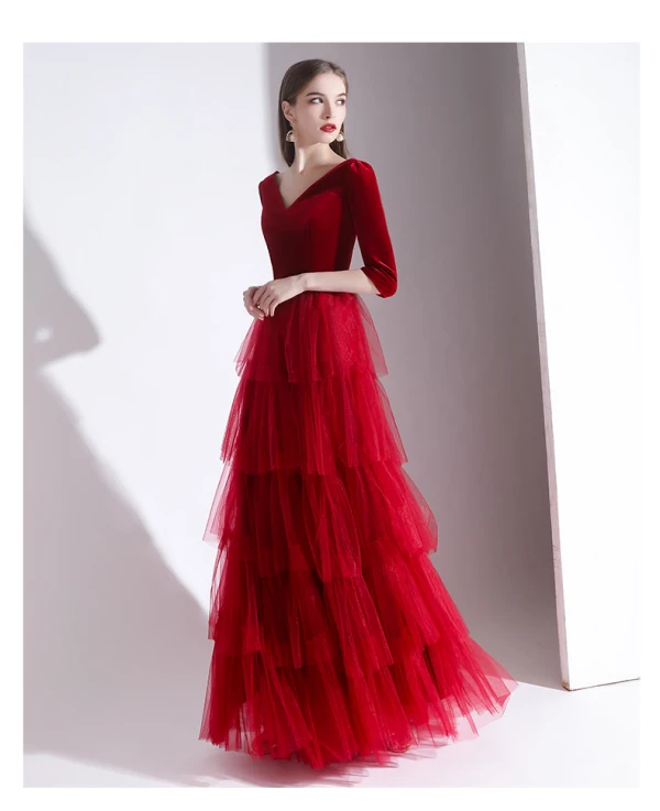 Charmant Rouge Robe De Soirée 2020 Princesse Daim V-Cou 1/2 Manches Dos Nu Longue Robe De Ceremonie