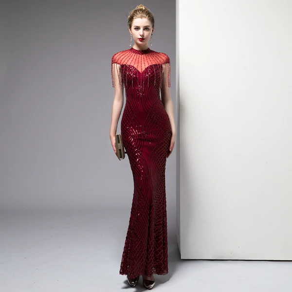 Chic Bordeaux Robe De Soirée 2020 Trompette / Sirène Perlage Gland Paillettes Col Haut Manches Courtes Longue Robe De Ceremonie